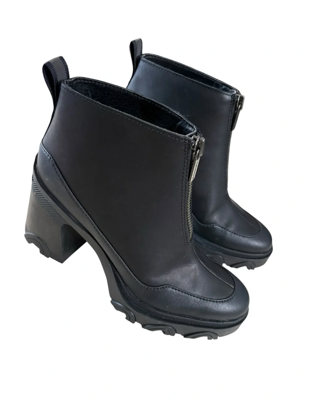 Sorel size 7.5 brex booties heeled Black Front-Zip Chunky Lug Heel Ankle Boots